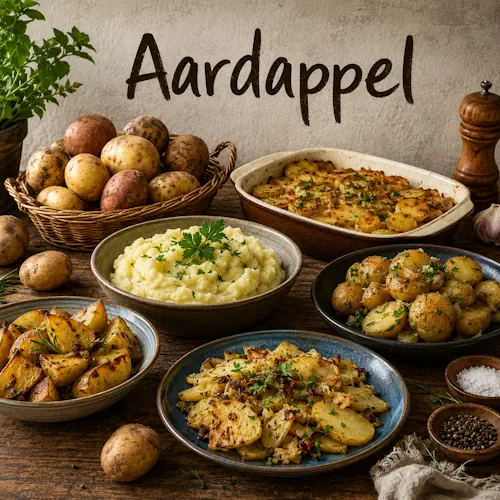 Aardappel recepten met gebakken aardappelen, aardappelpuree, krieltjes en aardappelgerechten op een rustieke houten tafel