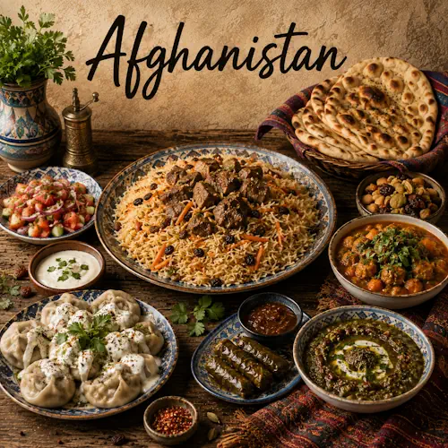 Afghaanse gerechten met rijst, lamsvlees, dumplings, platbrood, stoofgerechten, salade, yoghurt en gedroogd fruit op een rustieke houten tafel