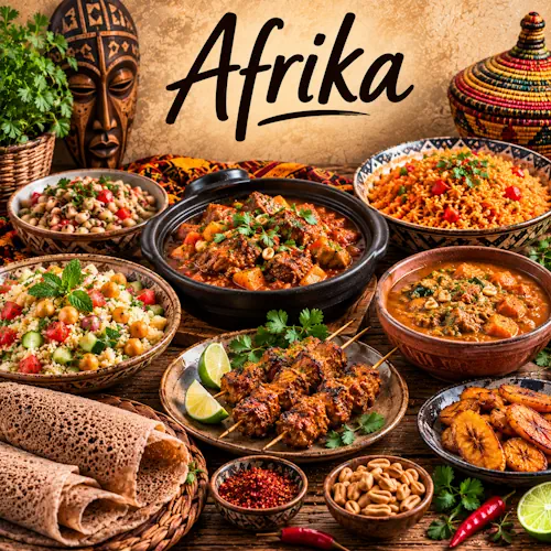 Afrikaanse gerechten met stoofpot, gekruide rijst, couscous, gegrilde vleesspiesjes, pindastoof, bakbanaan en platbrood op een rustieke houten tafel