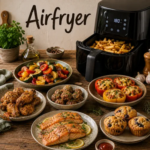 Airfryer recepten met krokante aardappelen, kip, groenten, zalm en andere gerechten uit de airfryer op een rustieke houten tafel