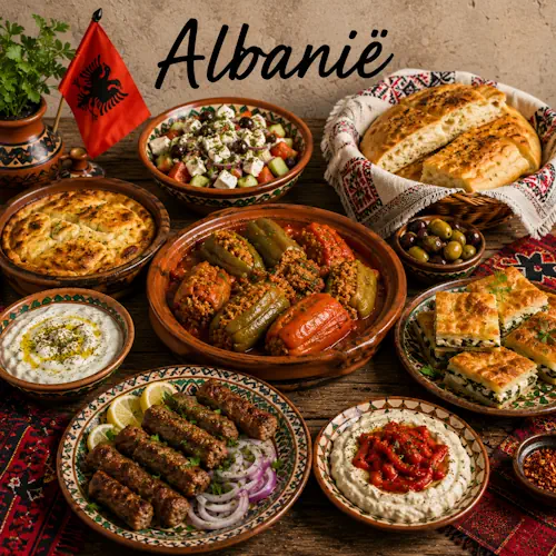 Albanese gerechten met gevulde paprika, börek, gegrild vlees, salade, yoghurt, olijven en traditioneel brood op een rustieke houten tafel