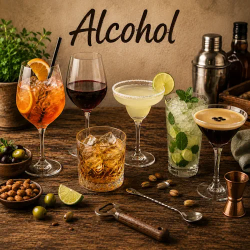 Alcohol recepten met cocktails, wijn, whisky en feestelijke drankjes op een rustieke houten tafel