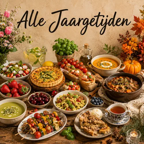 Gerechten voor alle jaargetijden met frisse lentegroenten, zomerse gerechten, pompoen, herfstsoep en verwarmende wintergerechten op een rustieke houten tafel