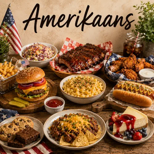 Amerikaanse gerechten met hamburger, spareribs, fried chicken, hotdog, mac and cheese, chili, friet, brownies en cheesecake op een rustieke houten tafel