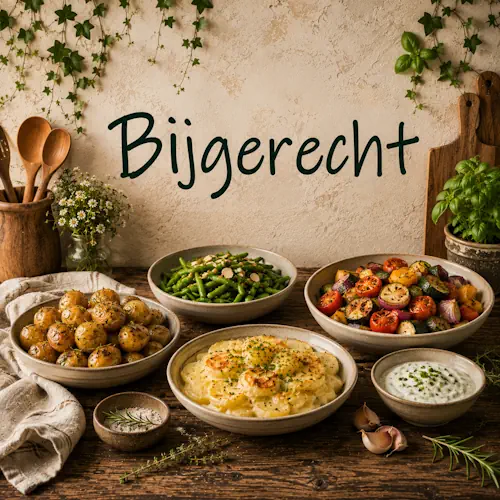 Bijgerechten met aardappelen, gegratineerde aardappelen, sperziebonen en geroosterde groenten op een robuuste houten tafel