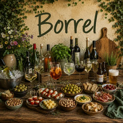 Gezellige borrel met wijn, bier, cocktails en verschillende kleine borrelhapjes op een oude robuuste houten tafel