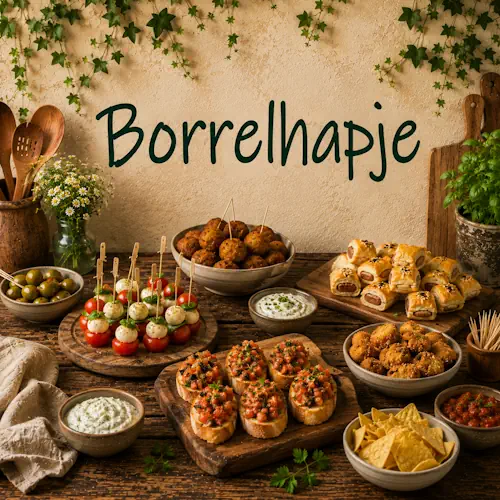 Borrelhapjes met bruschetta, gehaktballetjes, bladerdeeghapjes, olijven en dips op een robuuste houten tafel