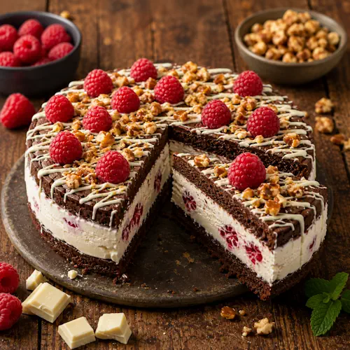 Brownie ijstaart met romig ijs, verse frambozen, gekaramelliseerde macadamianoten en witte chocolade op een rustieke bruine houten tafel.