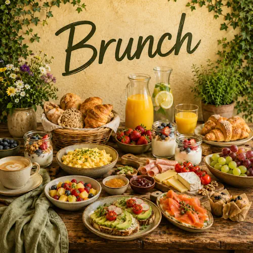 Uitgebreide brunch met broodjes, croissants, eieren, fruit, yoghurt, kaas, vleeswaren, zalm en verse drankjes op een rustieke houten tafel
