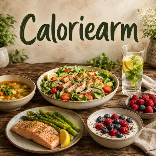 Caloriearme recepten met kleurrijke salade, gegrilde kip, zalm, groenten, soep en yoghurt met vers fruit op een rustieke houten tafel