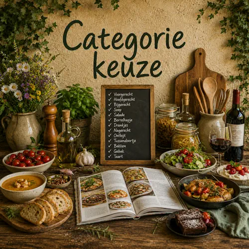 Overzicht van verschillende receptcategorieën met diverse gerechten, ingrediënten en kookbenodigdheden op een robuuste houten tafel