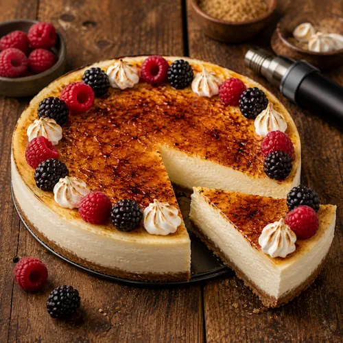 Romige crème brûlée MonChoutaart met een gekaramelliseerde suikerlaag, kandijkoekjesbodem, frambozen, bramen en meringuetoefjes op een rustieke bruine houten tafel.