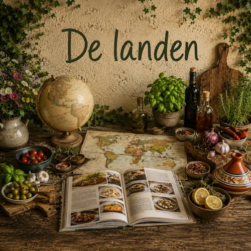 Wereldse keuken met wereldkaart, globe, kookboek, kruiden en ingrediënten uit verschillende landen op een robuuste houten tafel