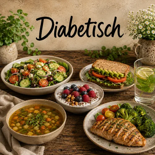Diabetische recepten met verse salade, volkoren brood, groenten, soep, yoghurt met bessen en gegrilde kip op een rustieke houten tafel