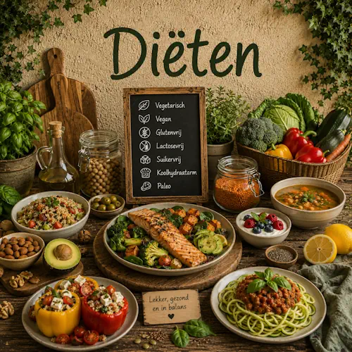 Gevarieerde gerechten en verse ingrediënten voor verschillende diëten op een robuuste houten tafel
