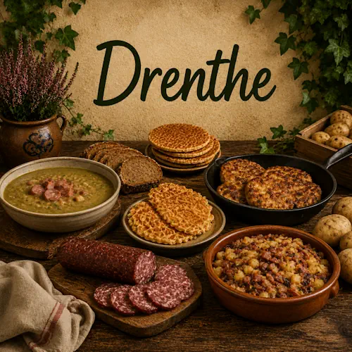 Traditionele Drentse gerechten met droge worst, soep, kniepertjes, aardappelgerechten en streekproducten op een oude robuuste houten tafel