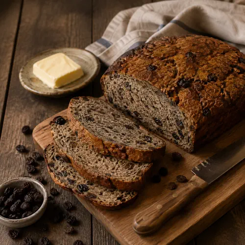 Rustiek boekweitbrood met rozijnen, in plakken gesneden op een houten plank.