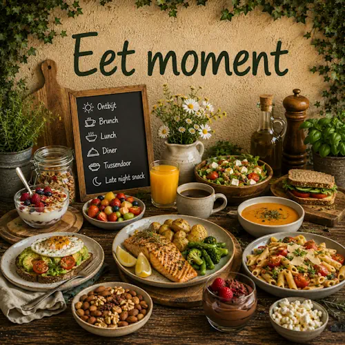 Gerechten voor verschillende eetmomenten zoals ontbijt, brunch, lunch, diner en tussendoor op een robuuste houten tafel