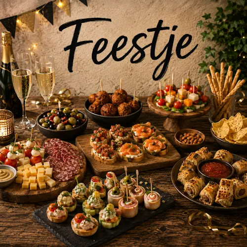 Feestelijke tafel met borrelhapjes, kaas, vleeswaren, kleine warme hapjes, toastjes en feestelijke drankjes op een oude robuuste houten tafel