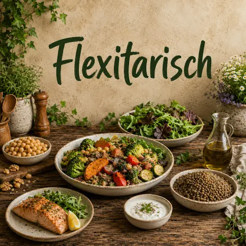 Flexitarische gerechten met groenten, peulvruchten, granen, vis en andere verse ingrediënten op een rustieke houten tafel