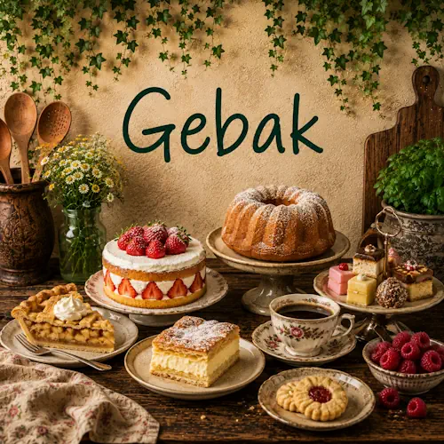 Gebak met aardbeientaart, appeltaart, tulband, roomgebak en kleine gebakjes op een robuuste houten tafel