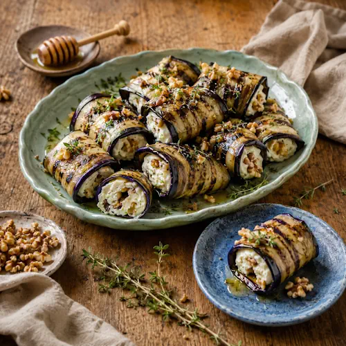 Gegrilde auberginerolletjes gevuld met romige schapenkaas, walnoten en honing.