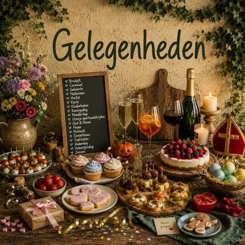 Feestelijke tafel met hapjes, taart, drankjes en decoraties voor verschillende gelegenheden en feestdagen
