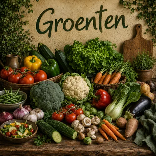 Verse groenten zoals tomaten, broccoli, bloemkool, wortels, paprika, courgette en aubergine op een oude robuuste houten tafel