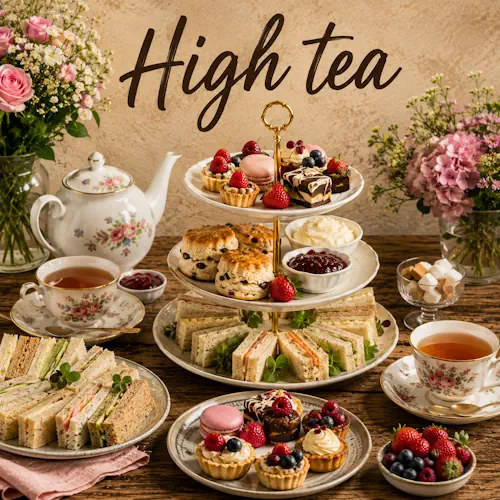 High tea met sandwiches, scones, jam, room, kleine taartjes, macarons, vers fruit en thee op een rustieke houten tafel