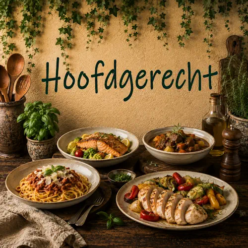 Hoofdgerechten met pasta, zalm, kip, groenten en stoofvlees op een robuuste houten tafel