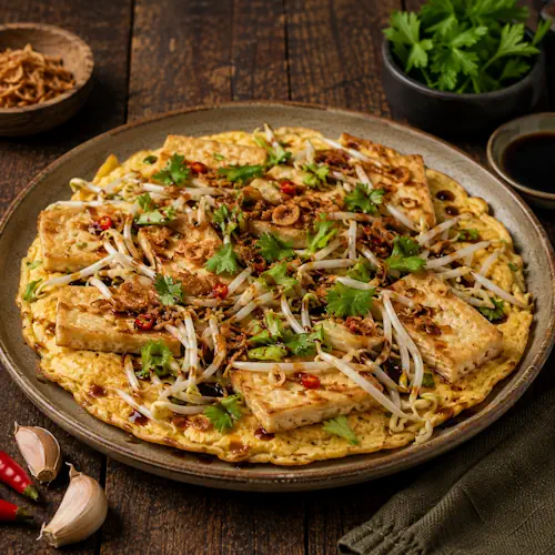 Indonesische Tahu Telor met gebakken tahu, omelet, taugé, ketjap en gefruite uitjes