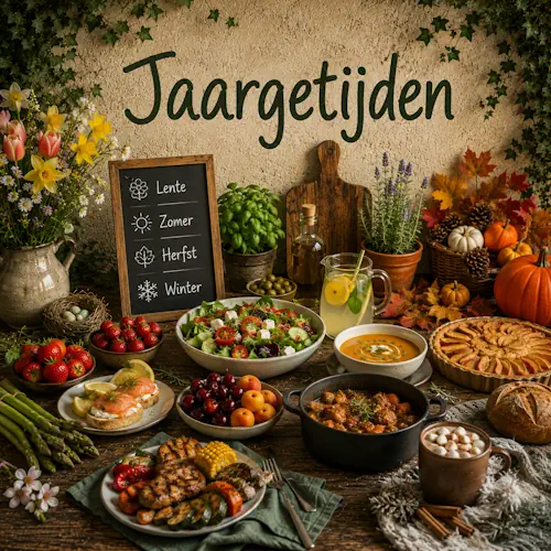 Seizoensgerechten en ingrediënten voor lente, zomer, herfst en winter op een robuuste houten tafel