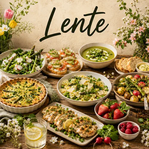 Lentegerechten met asperges, radijs, doperwten, aardbeien, frisse salade, quiche, pasta en lichte soep op een rustieke houten tafel