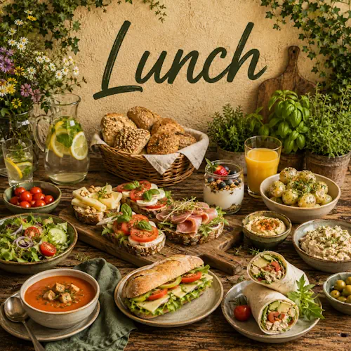 Gevarieerde lunch met belegde broodjes, wraps, soep, salade, yoghurt, fruit en verse drankjes op een rustieke houten tafel