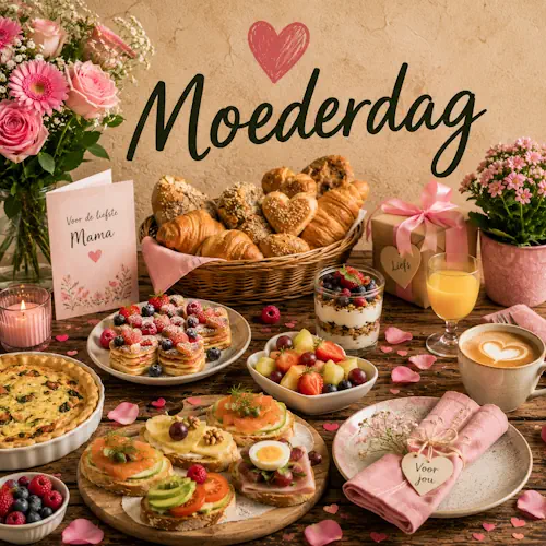 Feestelijke Moederdagtafel met broodjes, hartige taart, belegde broodjes, fruit, zoete lekkernijen, koffie en verse jus