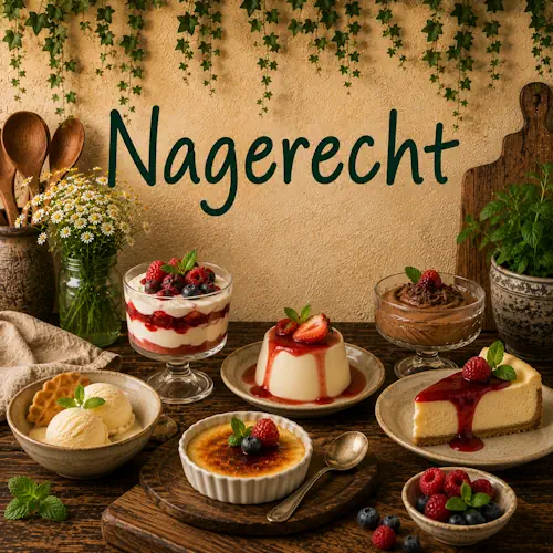 Nagerechten met panna cotta, chocolademousse, cheesecake, ijs en vers fruit op een robuuste houten tafel