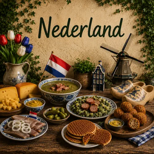 Nederlandse gerechten zoals stamppot, erwtensoep, haring, bitterballen, kaas en stroopwafels op een oude robuuste houten tafel