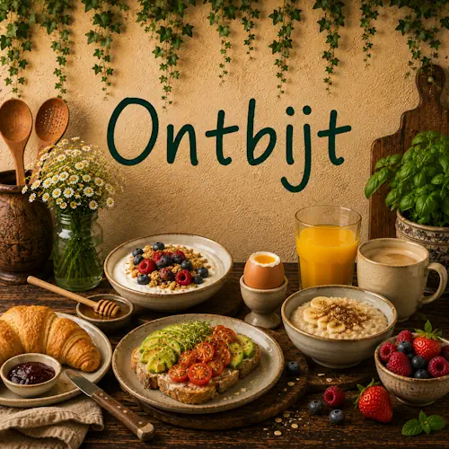 Ontbijtrecepten met yoghurt, granola, fruit, havermout, ei, croissants en avocado op een robuuste houten tafel
