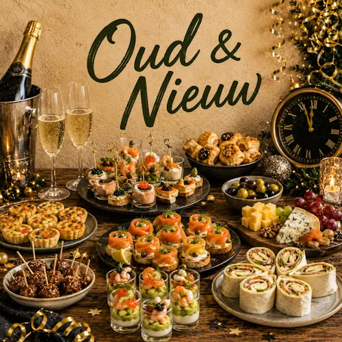 Feestelijke Oud en Nieuw-tafel met champagne, warme en koude hapjes, zalm, wraps, kaas en andere feestelijke lekkernijen