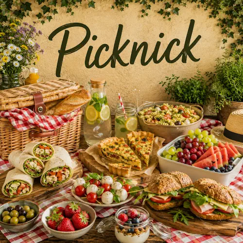 Gezellige picknick met belegde broodjes, wraps, quiche, pastasalade, fruit en frisse drankjes op een lichte rustieke tafel