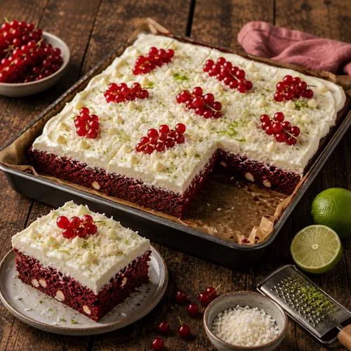 Red velvet traybake met romige topping, witte chocolade, kokosrasp, limoenrasp en verse rode bessen op een rustieke bruine houten tafel.