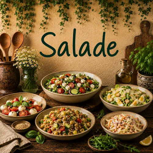 Salades met verse groenten, tomaat, mozzarella, feta, kikkererwten en groene kruiden op een robuuste houten tafel