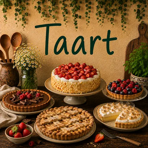 Taartrecepten met aardbeientaart, chocoladetaart, fruittaart, appeltaart en citroentaart op een robuuste houten tafel