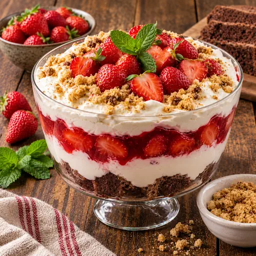 Trifle met laagjes chocoladecake, romige aardbeienkwark, aardbeienvulling en slagroom, gegarneerd met verse aardbeien, kruimels en munt op een rustieke bruine houten tafel.