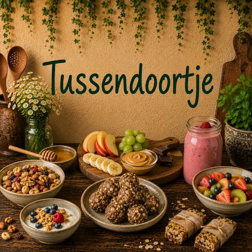 Tussendoortjes met fruit, noten, yoghurt, energieballetjes, mueslirepen en smoothie op een robuuste houten tafel