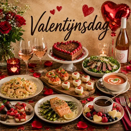 Romantische Valentijnstafel met zalm, pasta, soep, kleine hapjes, chocolade, aardbeien en dessert op een rustieke houten tafel