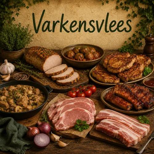 Verschillende gerechten en stukken varkensvlees zoals rollade, karbonade, gehaktballetjes, stoofvlees en spareribs op een oude robuuste houten tafel