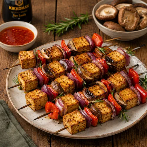 Gegrilde vegetarische tahoespiesen met shiitake, rode paprika, rode ui en rozemarijn, geserveerd met chilisaus op een rustieke bruine houten tafel.
