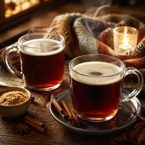 Warme bockbierdrank met een zachte schuimlaag, bruine suiker en winterse kruiden.