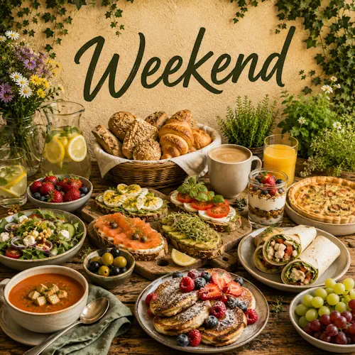 Uitgebreide weekendtafel met broodjes, pannenkoeken, soep, salade, wraps, eieren, fruit en verse drankjes op een rustieke houten tafel